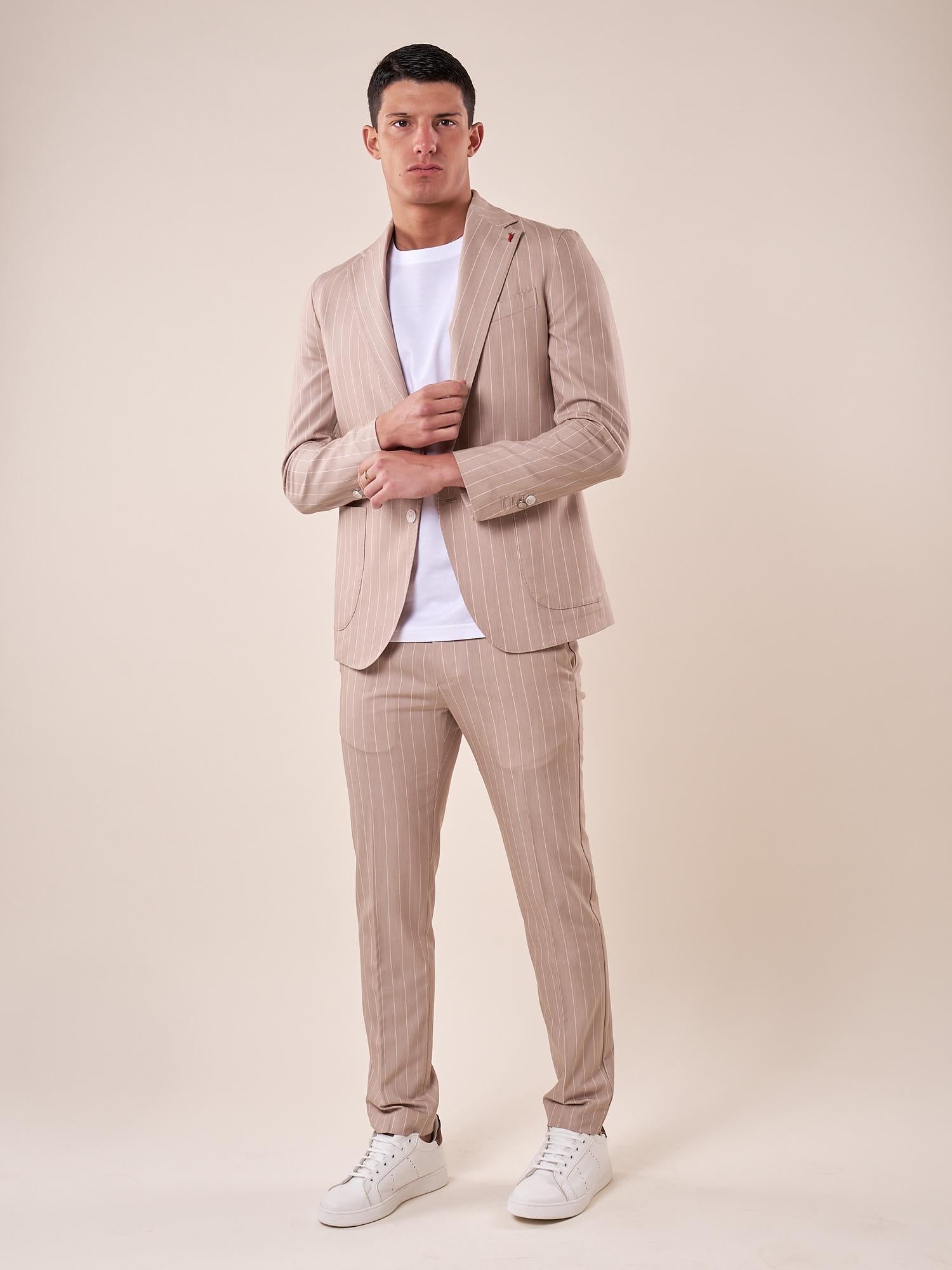 Abito tessuto gessato elasticizzato tasca toppe due spacchetti uomo. CARAIBI BEIGE MULISH Uomo 