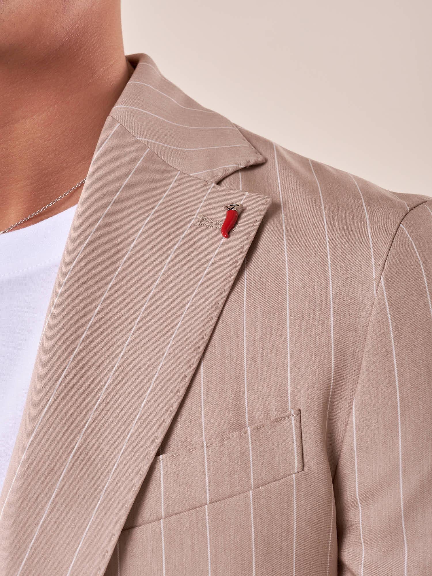 Abito tessuto gessato elasticizzato tasca toppe due spacchetti uomo. CARAIBI BEIGE MULISH 