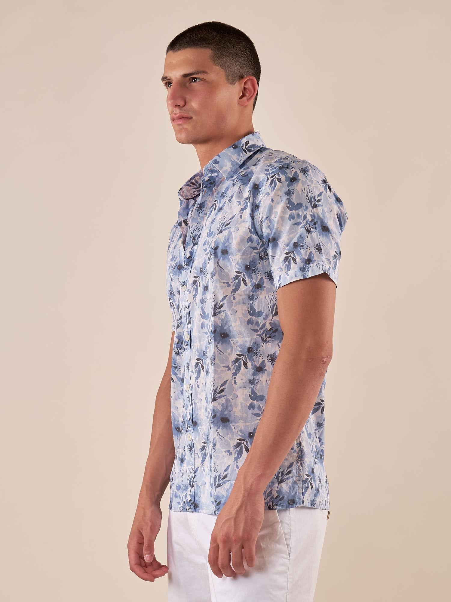 Camicia a Fantasia Floreale Uomo Manica Corta 100% Cotone Traspirante. CE1281H BLU HAMAKI-HO 