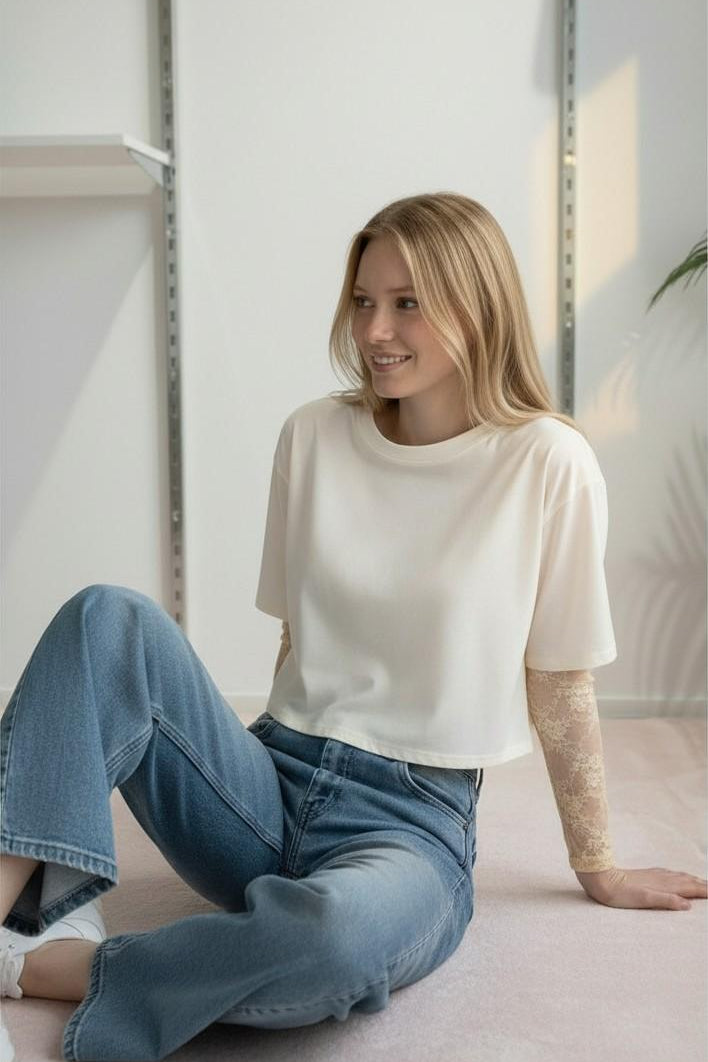 T-shirt Donna Manica Corta Ampia con Body in Pizzo a Manica Lunga 76372 PANNA VINCE OTTO 