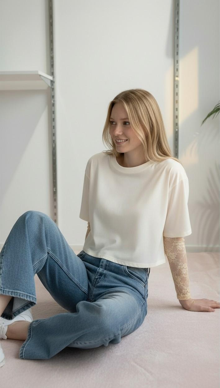 T-shirt Donna Manica Corta Ampia con Body in Pizzo a Manica Lunga 76372 PANNA VINCE OTTO 